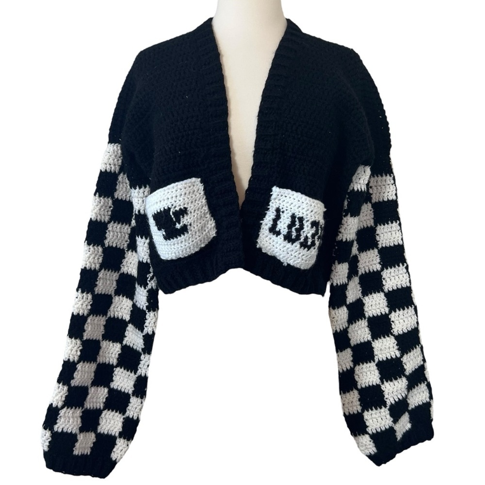 Hand Crochet Chunky Knit Checkered Sleeve Crop Cat Cardigan